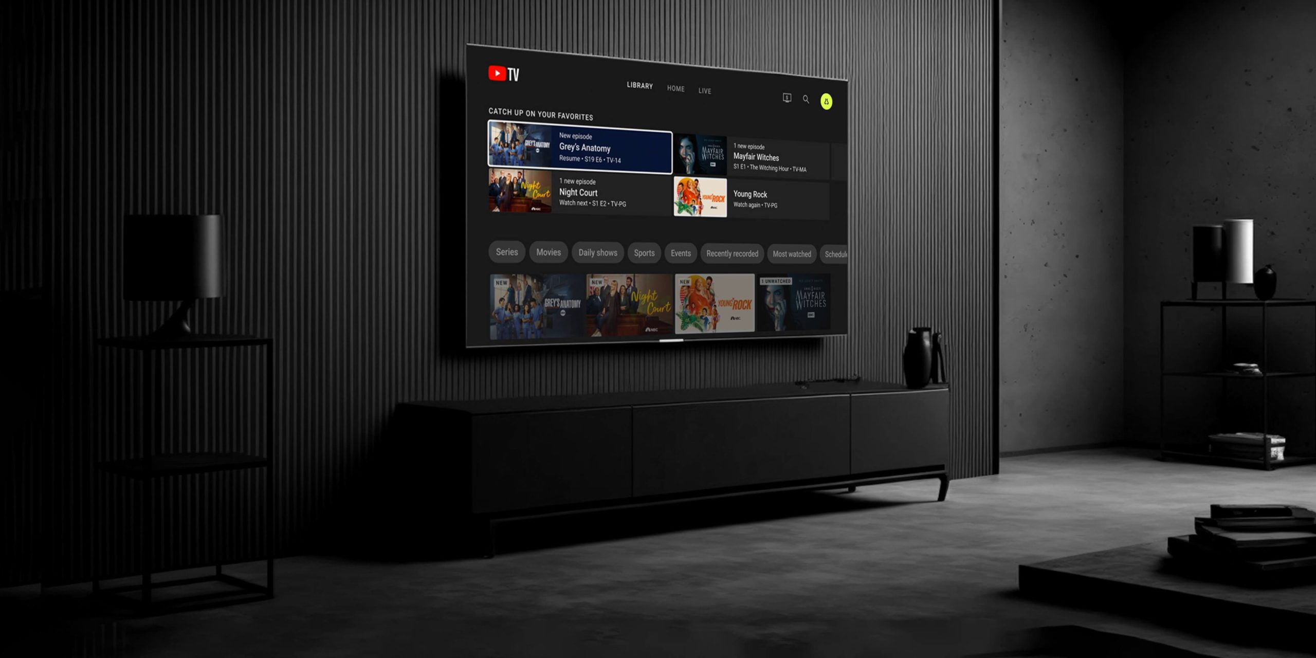 A streaming TV interface on a wall-mounted screen — connected TV.